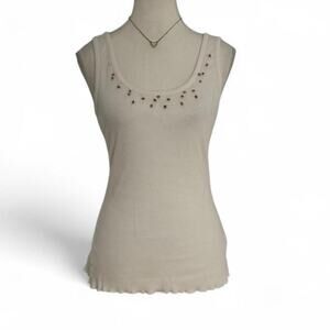 White Full Length 100%Cotton Fitted Beaded Tank Top Womens Size Small Tropica